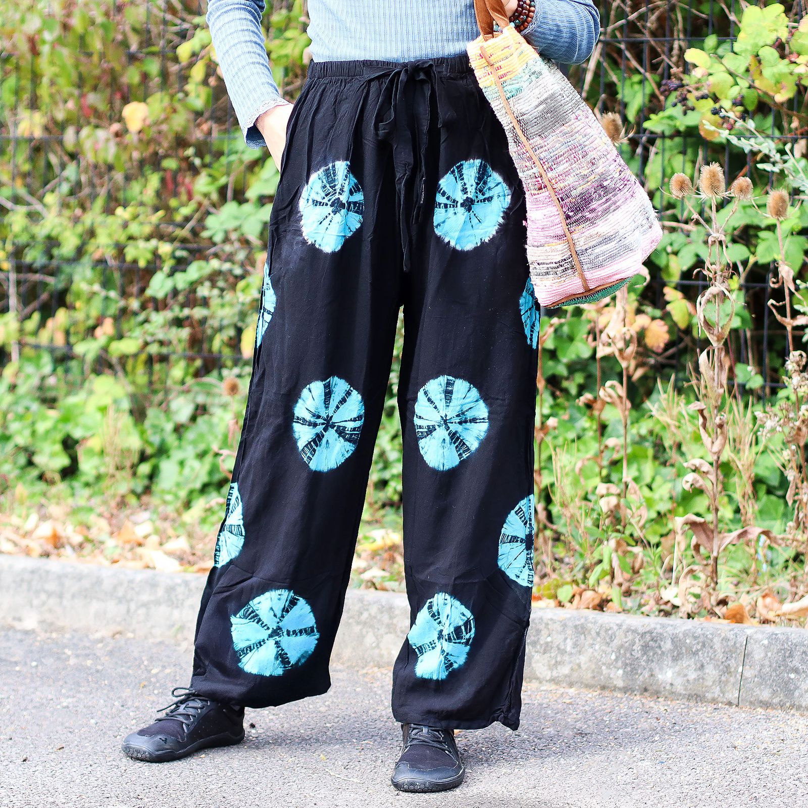 Pantalones de estilo japonés para estar en casa - negro y azul - L - Imagen 9