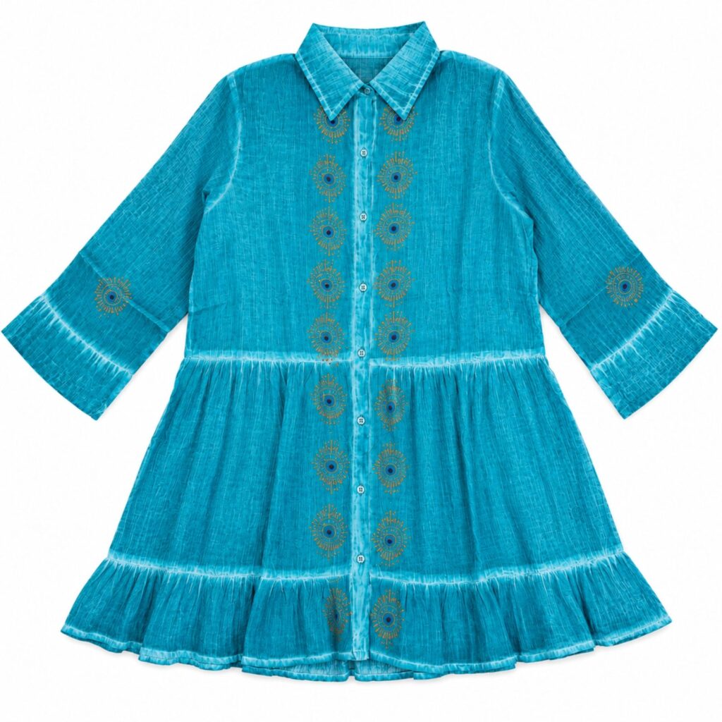 Nomad Sari En la Colección Med - Vestido tipo túnica - Turquesa con estampado en bloque de ojo turco (L-XL)