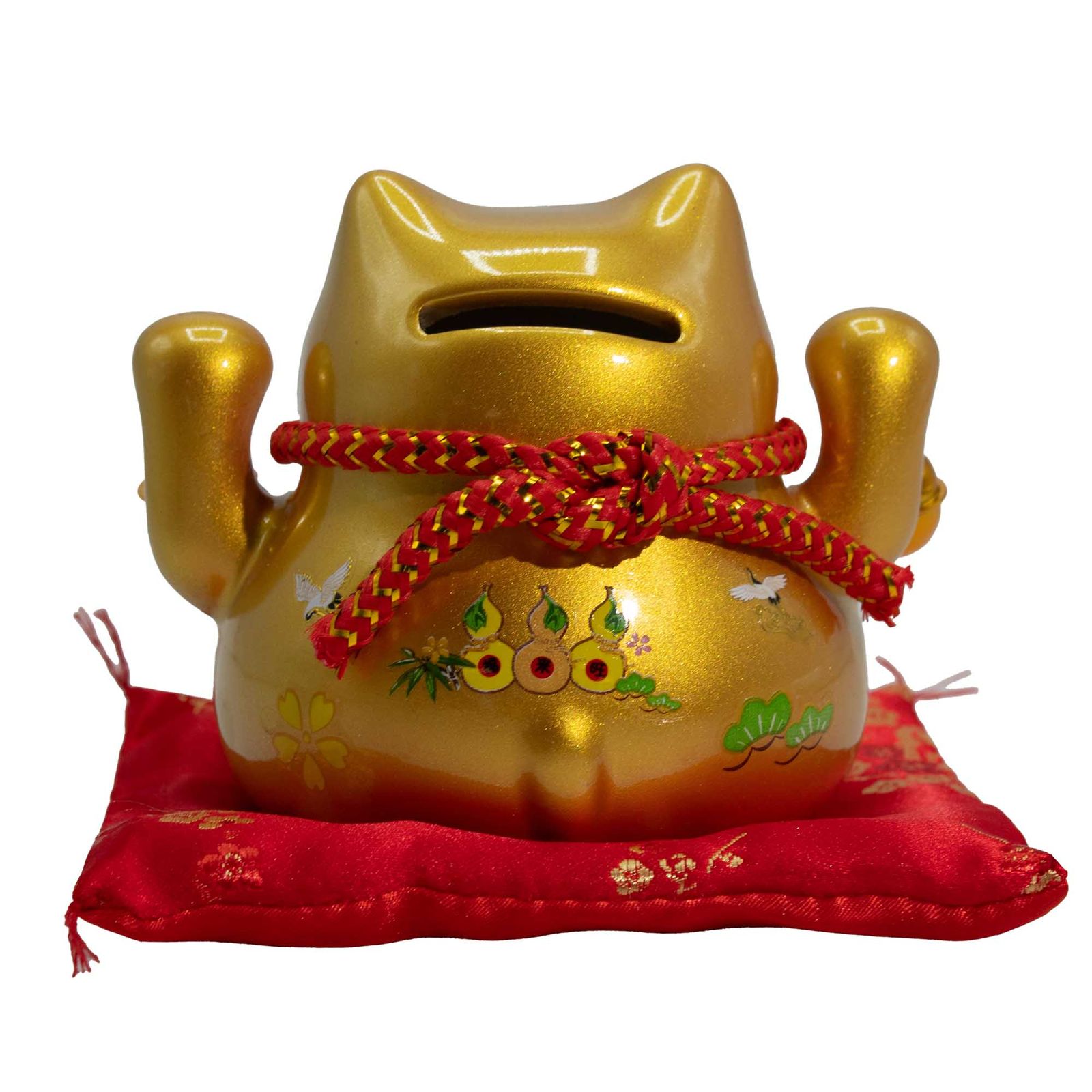 Hucha de cerámica con Gato de la Suerte - Dorado sobre cojín - Imagen 2