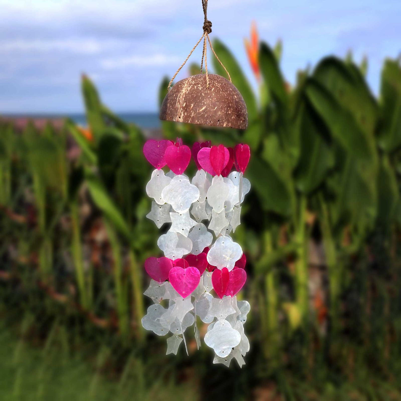 Campanas de viento de coco y capiz - Formas mixtas en rosa y blanco - 35 cm - Imagen 2