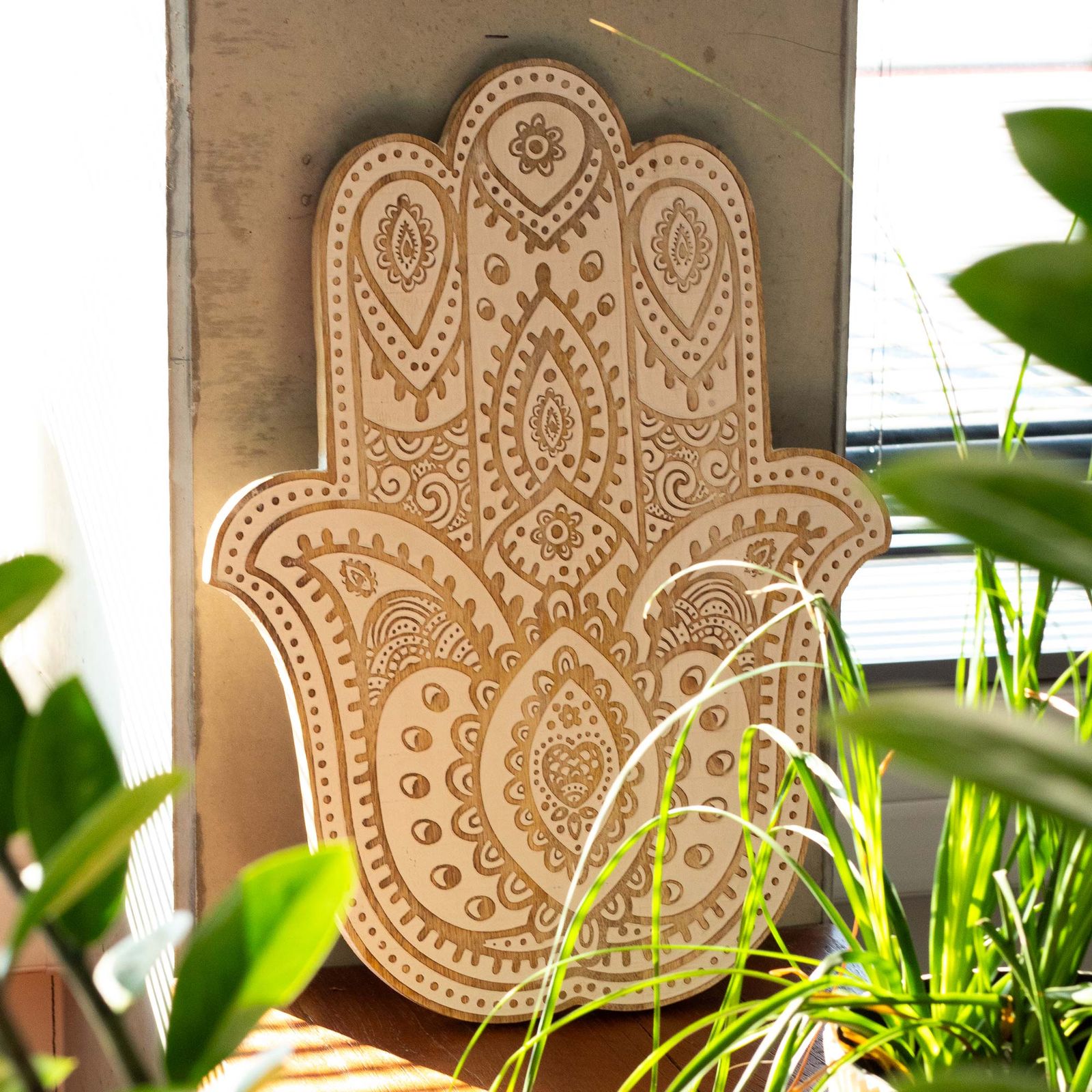 Placa de pared Mano de Hamsa en madera de Mango - Blanco - Imagen 3