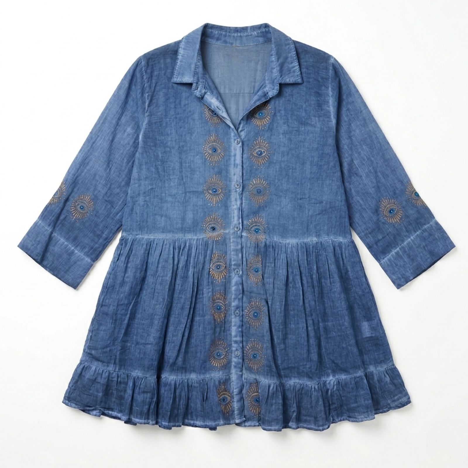 Nomad Sari en la colección Med - Vestido túnica - Azul oscuro con estampado en bloque de ojo mal de ojo (M-L) - Imagen 2