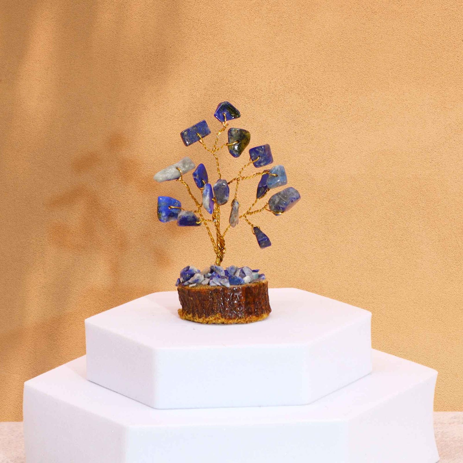 Mini árbol de piedras preciosas sobre base de madera - Sodalita (15 piedras)