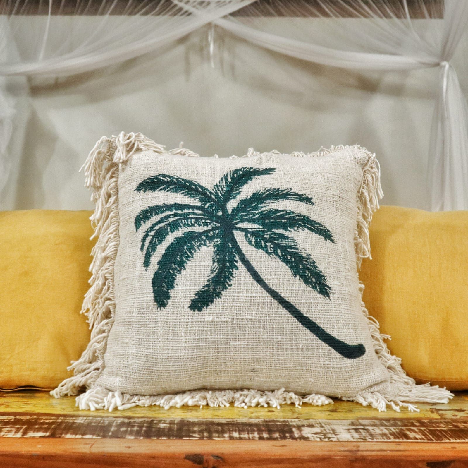 Funda de Cojín de Lino 45x45 Palmera con Flecos - Imagen 3