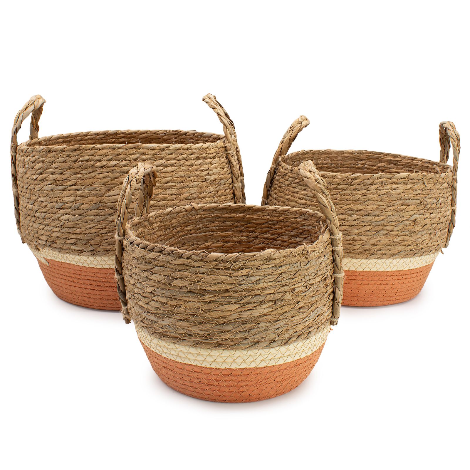Cestas grandes de paja y pasto marino - Natural y naranja - Conjunto de 3