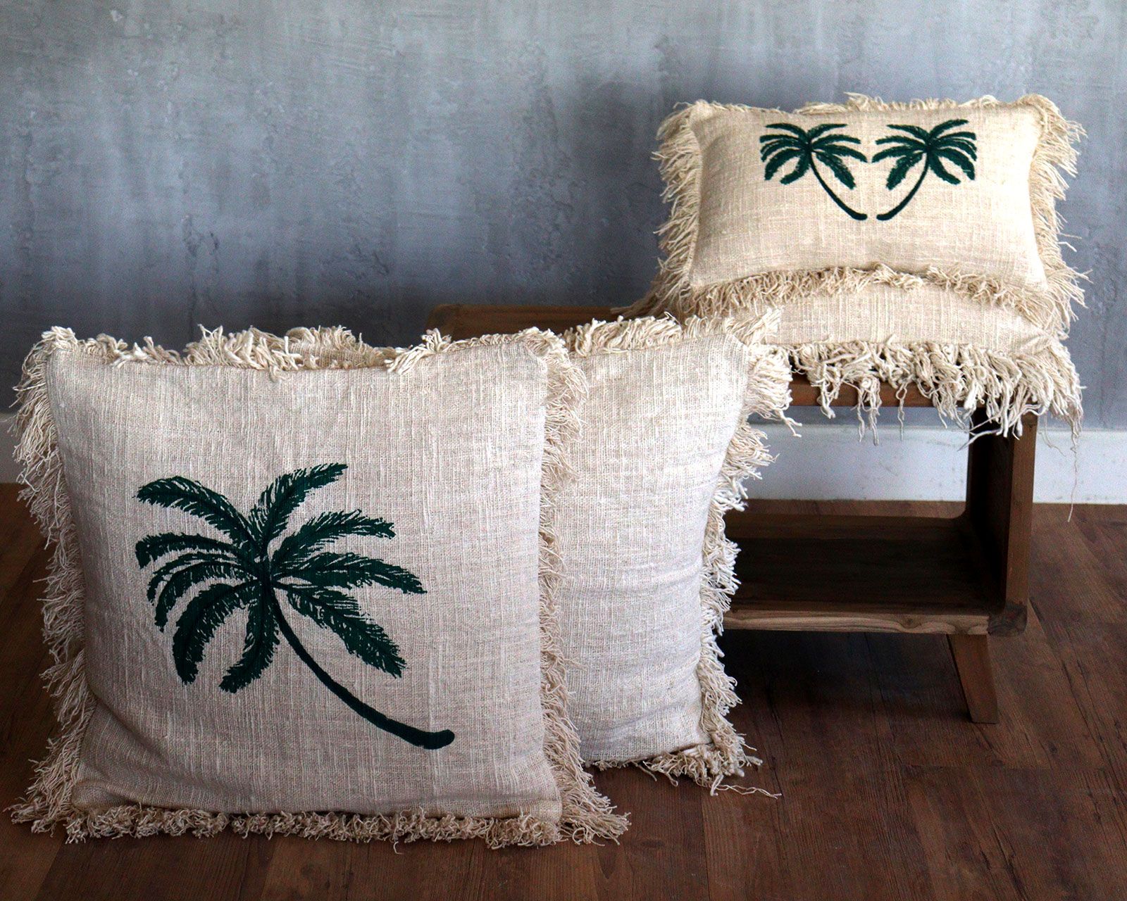 Funda de Cojín de Lino 45x45 Palmera con Flecos - Imagen 2