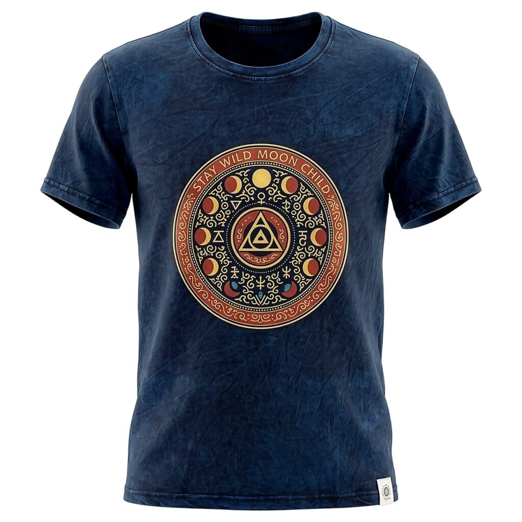Nomad Sari Camiseta de algodón lavado a la piedra - Mantente Salvaje, Hijo de la Luna - Azul - XL