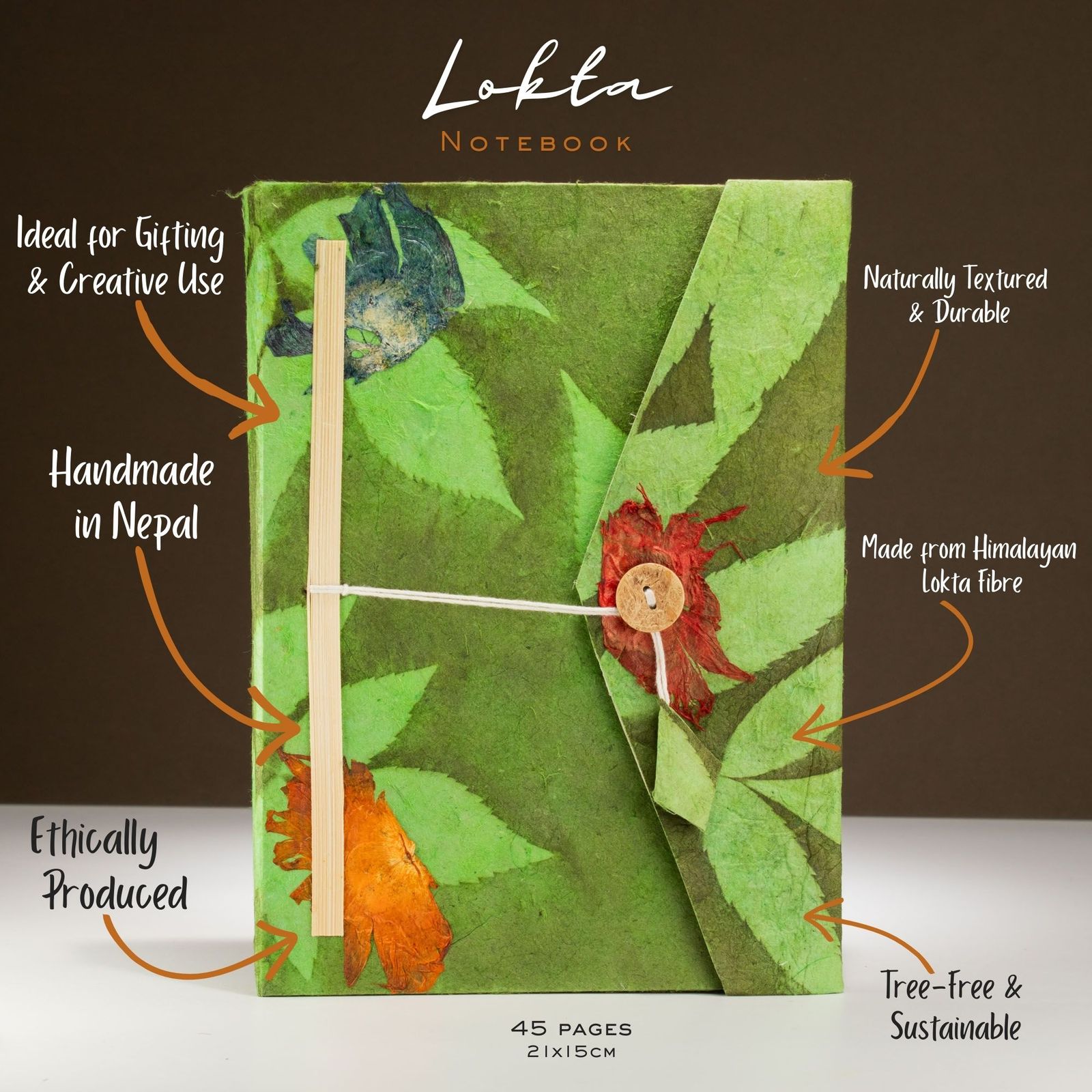 Cuaderno de Lokta con diseño floral audaz – Grande (21x15cm) – 45 hojas – Incluye marcapáginas – Verde musgo - Imagen 2
