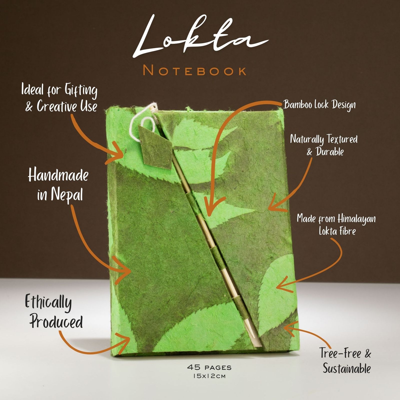 Lokta Bold Floral Bamboo Lock Notebook – Mediano (15x12cm) – 45 Hojas – Verde musgo - Imagen 5