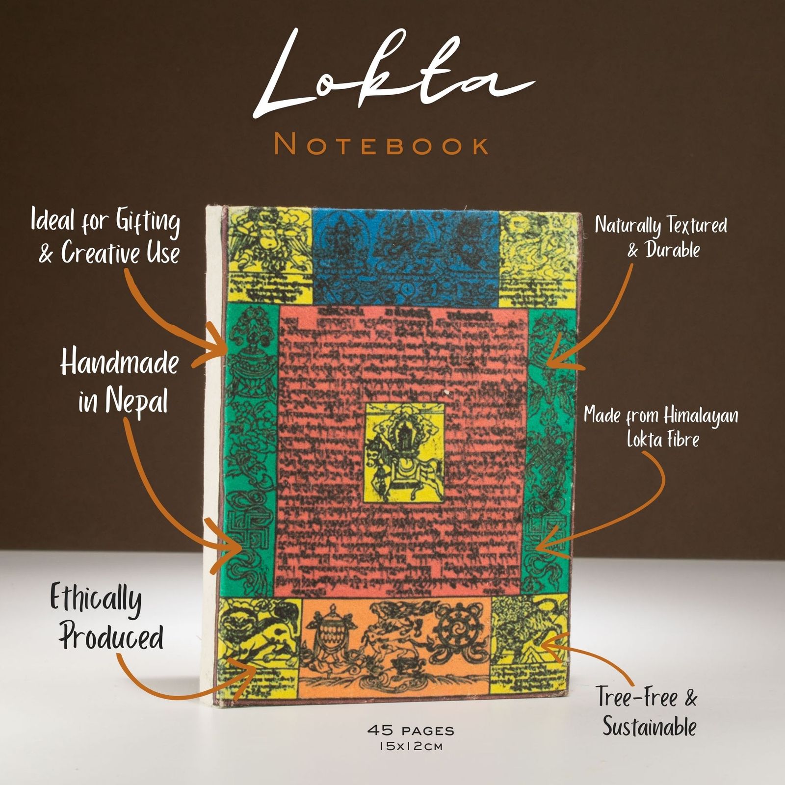 Cuaderno de banderas de oración de lokta tradicional – Mediano (15x12 cm) – 45 hojas – Natural - Imagen 3