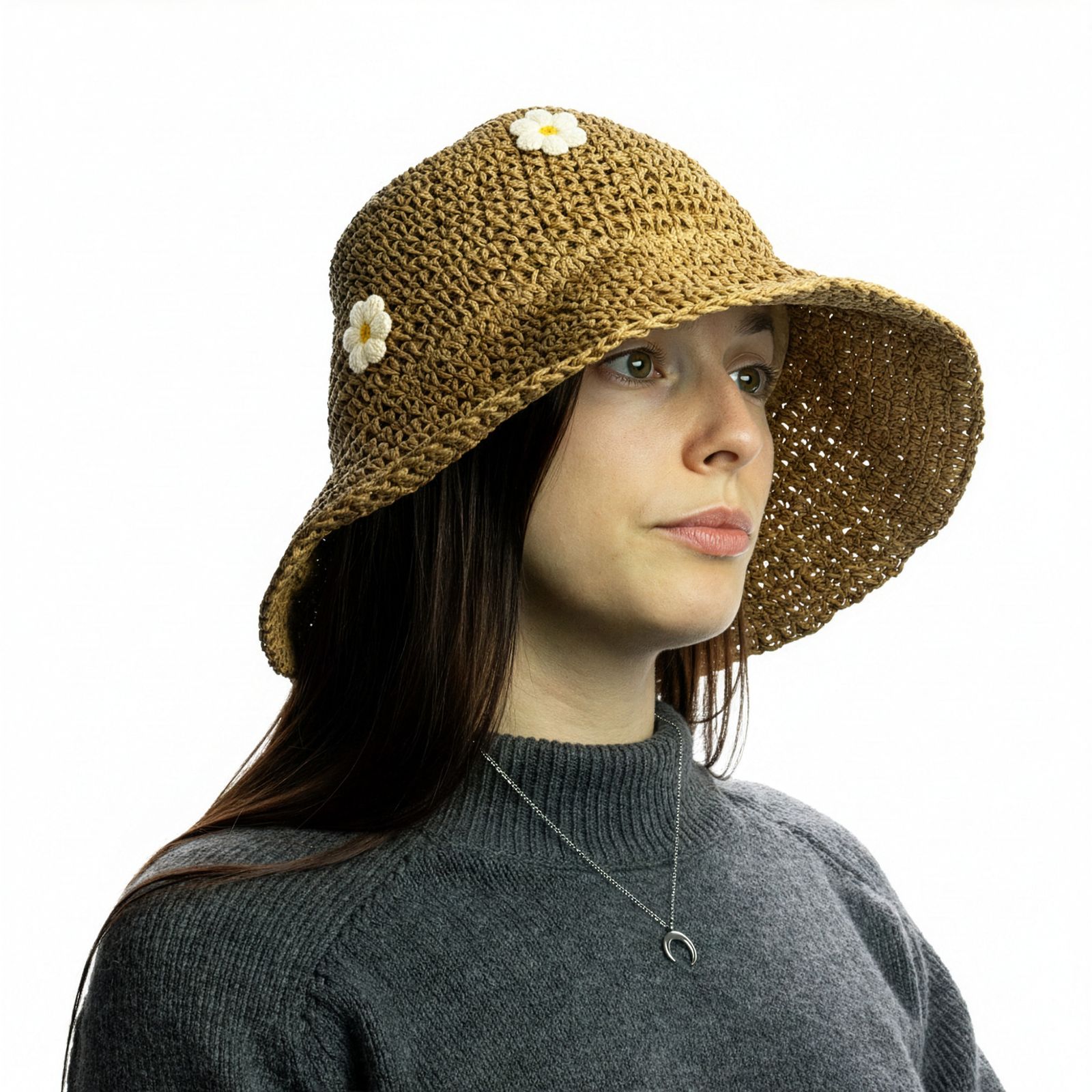 Nomad Sari Sombrero de Paja con Ala Flexible para Sol - Café y Daiseys - Imagen 2