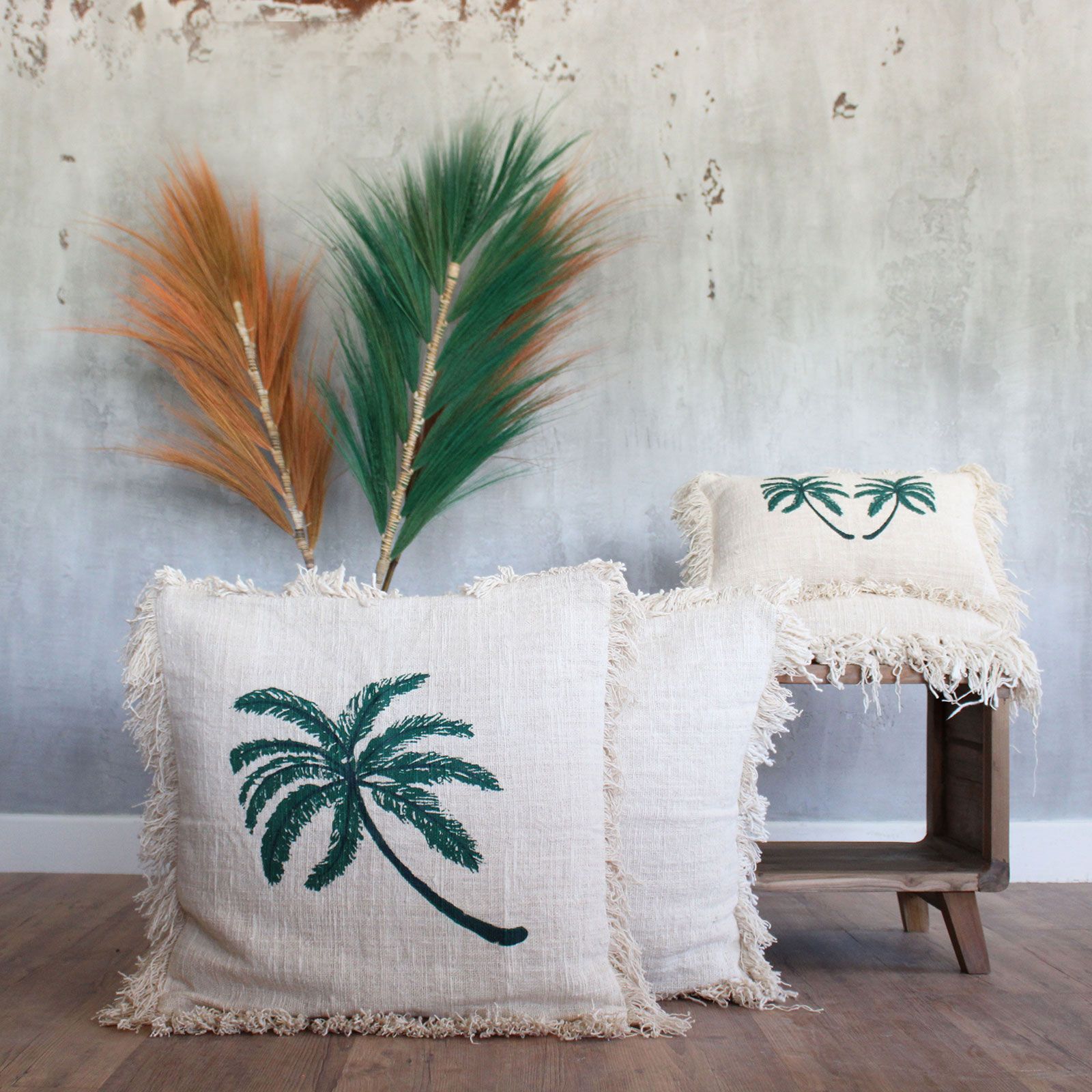 Funda de Cojín de Lino 45x45 Palmera con Flecos - Imagen 4