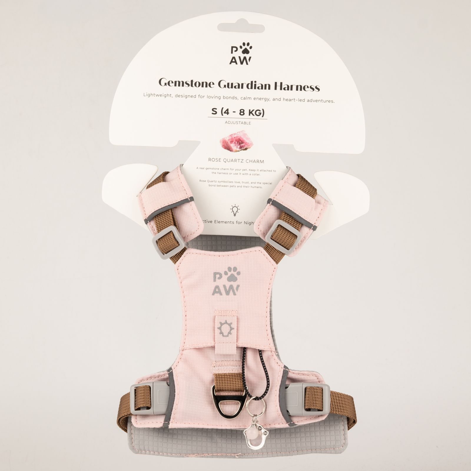 PAW - S (4-8 kg) Arnés de paso para perros Guardian con malla reflectante - Rosa suave - Colgante de cuarzo rosa