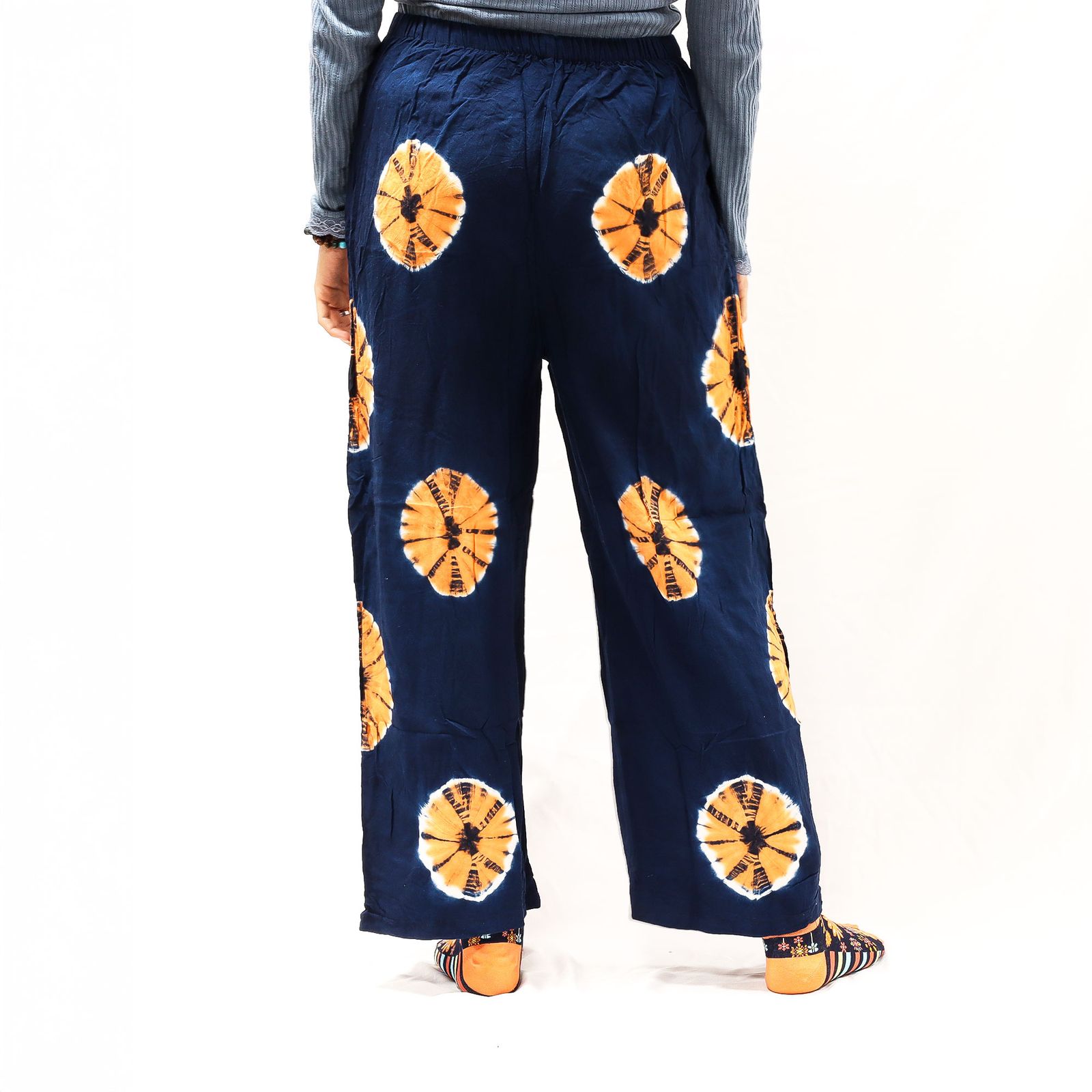 Pantalones de estilo japonés para estar en casa - azul y naranja - M - Imagen 8