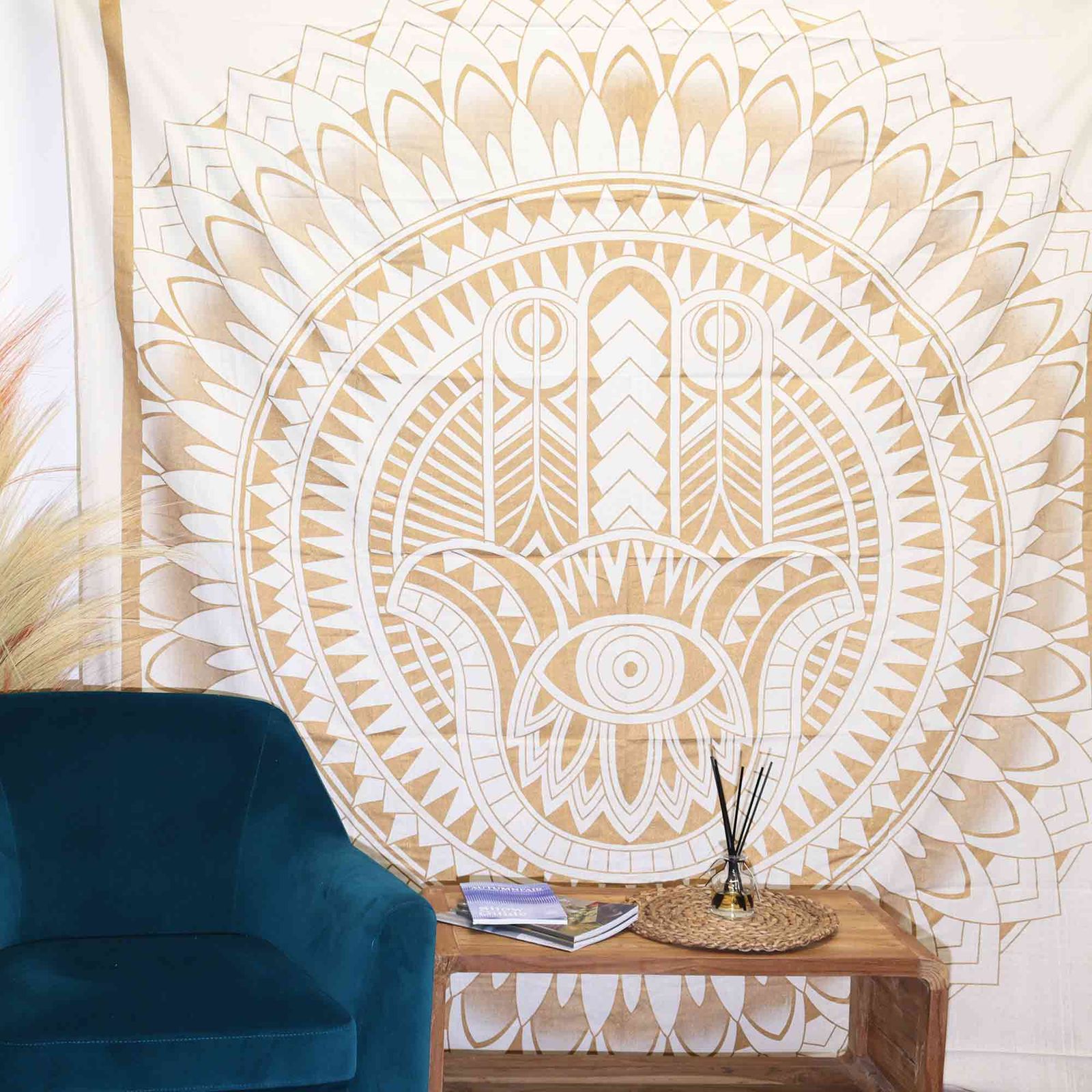 Colcha Doble de Algodón + Colgante de Pared - Hamsa - Oro Blanco - Imagen 2