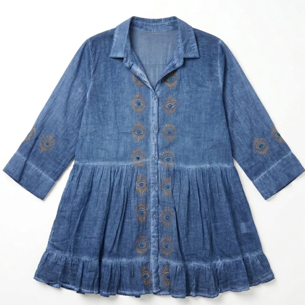 Nomad Sari en la colección Med - Vestido túnica - azul oscuro con estampado en bloque de ojo turco (L-XL)