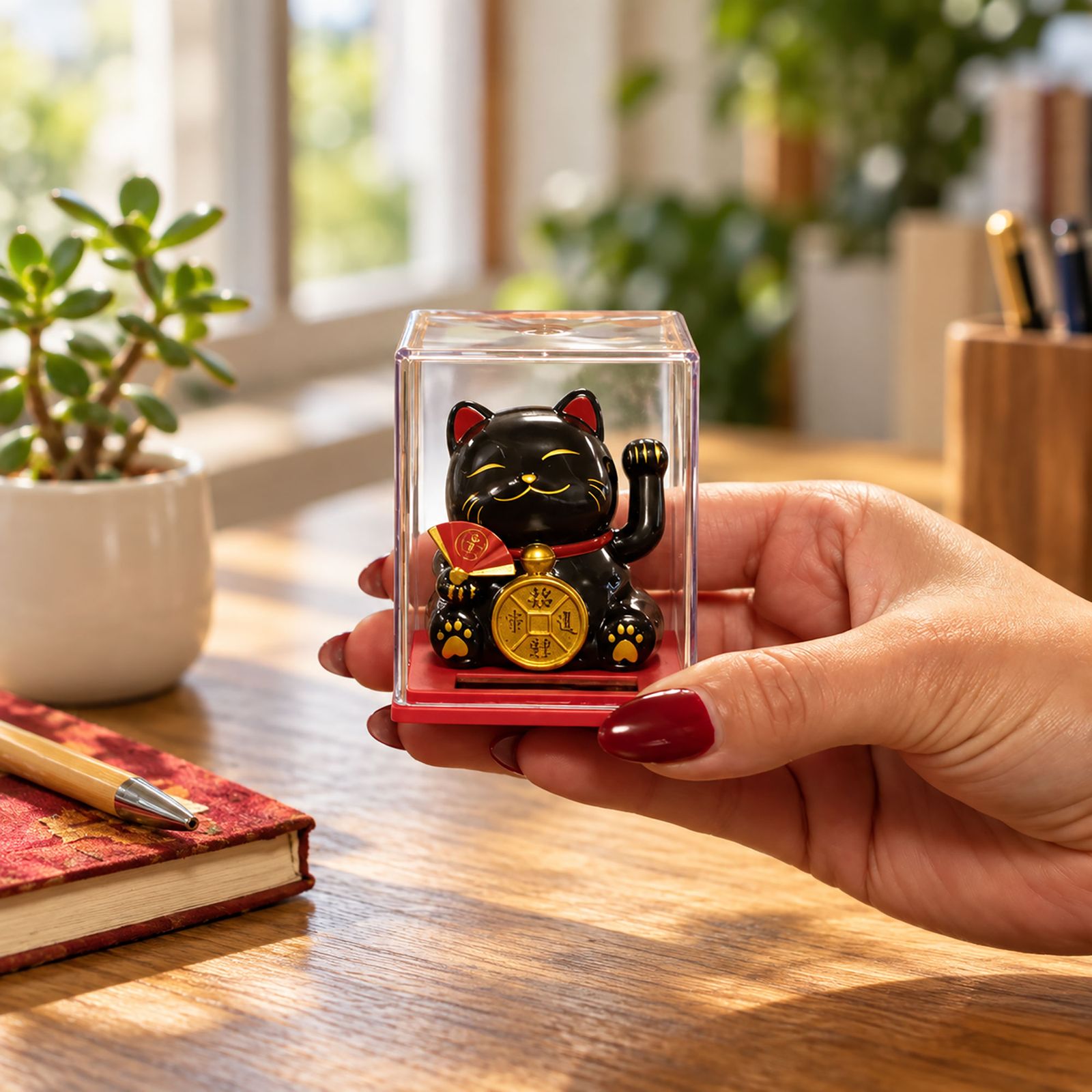 Mini Gato de la Suerte Solar en Caja - Negro - Imagen 6
