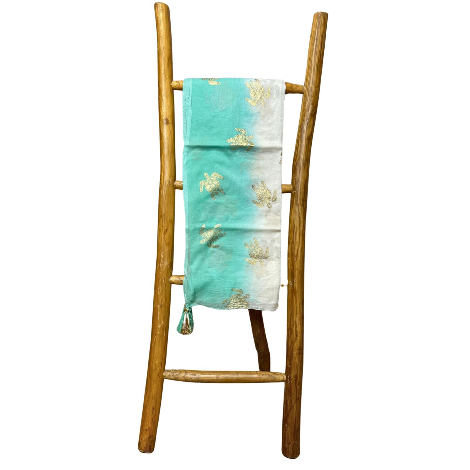 Colección Nómada Sari Mediterráneo - Pareo - Diseño de Tortuga en Blanco, Turquesa y Oro - Imagen 4