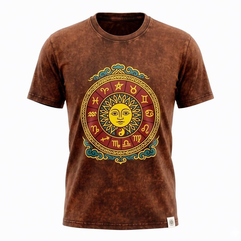 Nomad Sari Camiseta de Algodón Lavado a Piedra - Sol y Zodíaco - Marrón - Grande