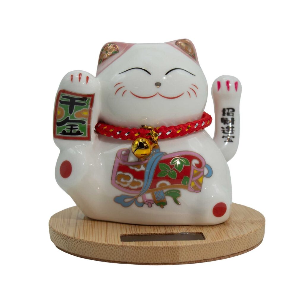 Gato de la Fortuna solar con base de madera - Mano móvil rosa