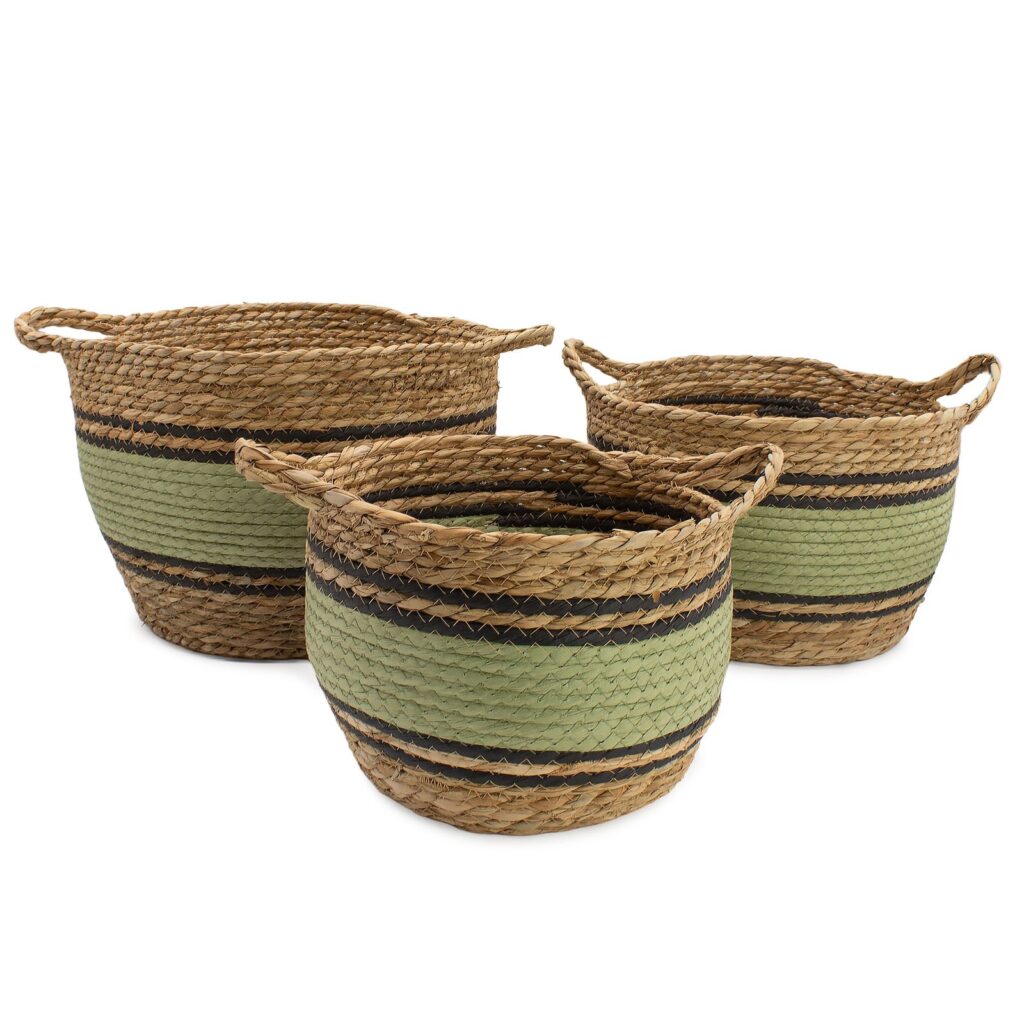 Cestas grandes de algodón y pasto marino - natural, negro y verde - juego de 3