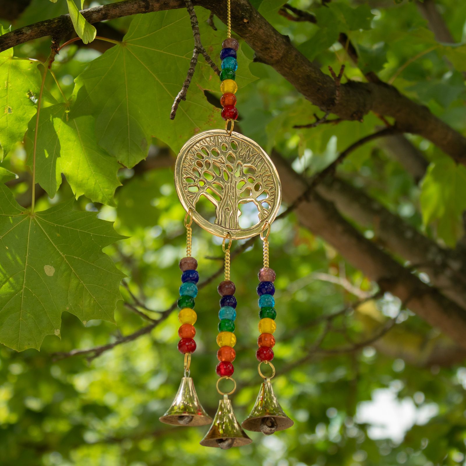 Campanas Indias - Árbol de la Vida de Latón con Cuentas de Chakra - 3 Campanas - 6.5x31cm - Imagen 3