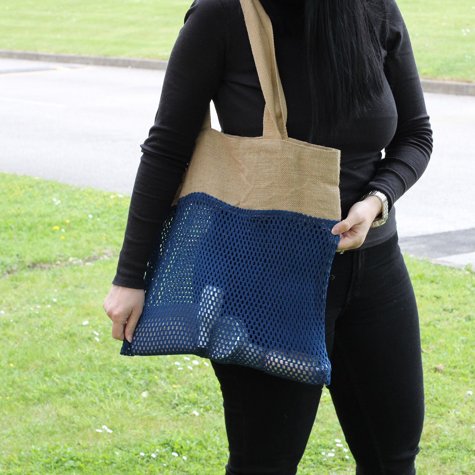 Bolsa de Malla de Yute Suave Puro y Algodón- Denim - Imagen 3