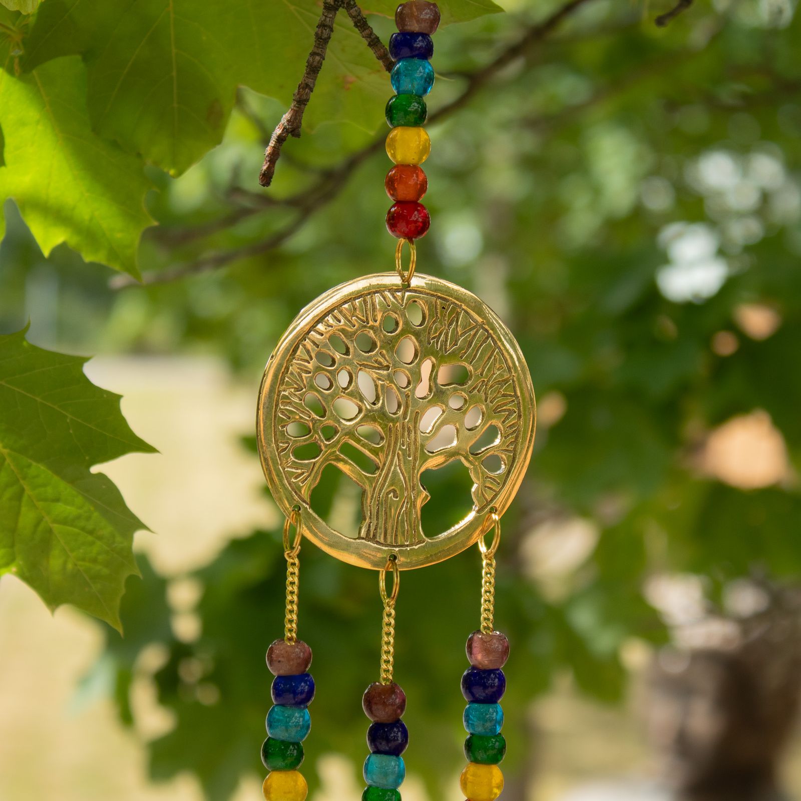 Campanas Indias - Árbol de la Vida de Latón con Cuentas de Chakra - 3 Campanas - 6.5x31cm - Imagen 4