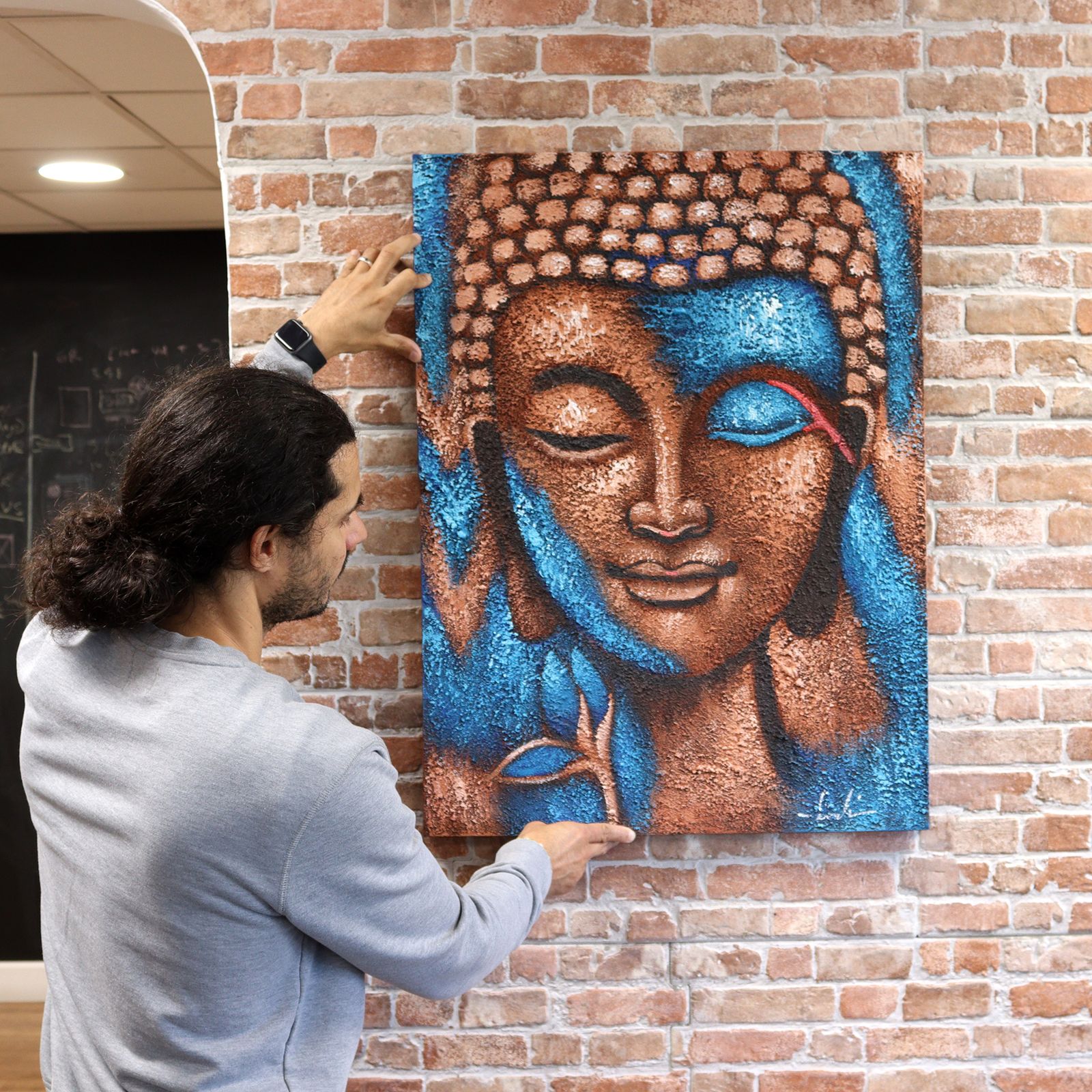 Pintura de Buda - Flor azul y dorada - Imagen 3