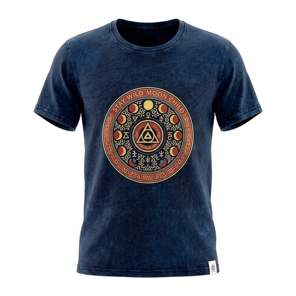 Nomad Sari Stonewashed Cotton T-Shirt - Mantente salvaje, hijo de la luna - Azul - Mediano
