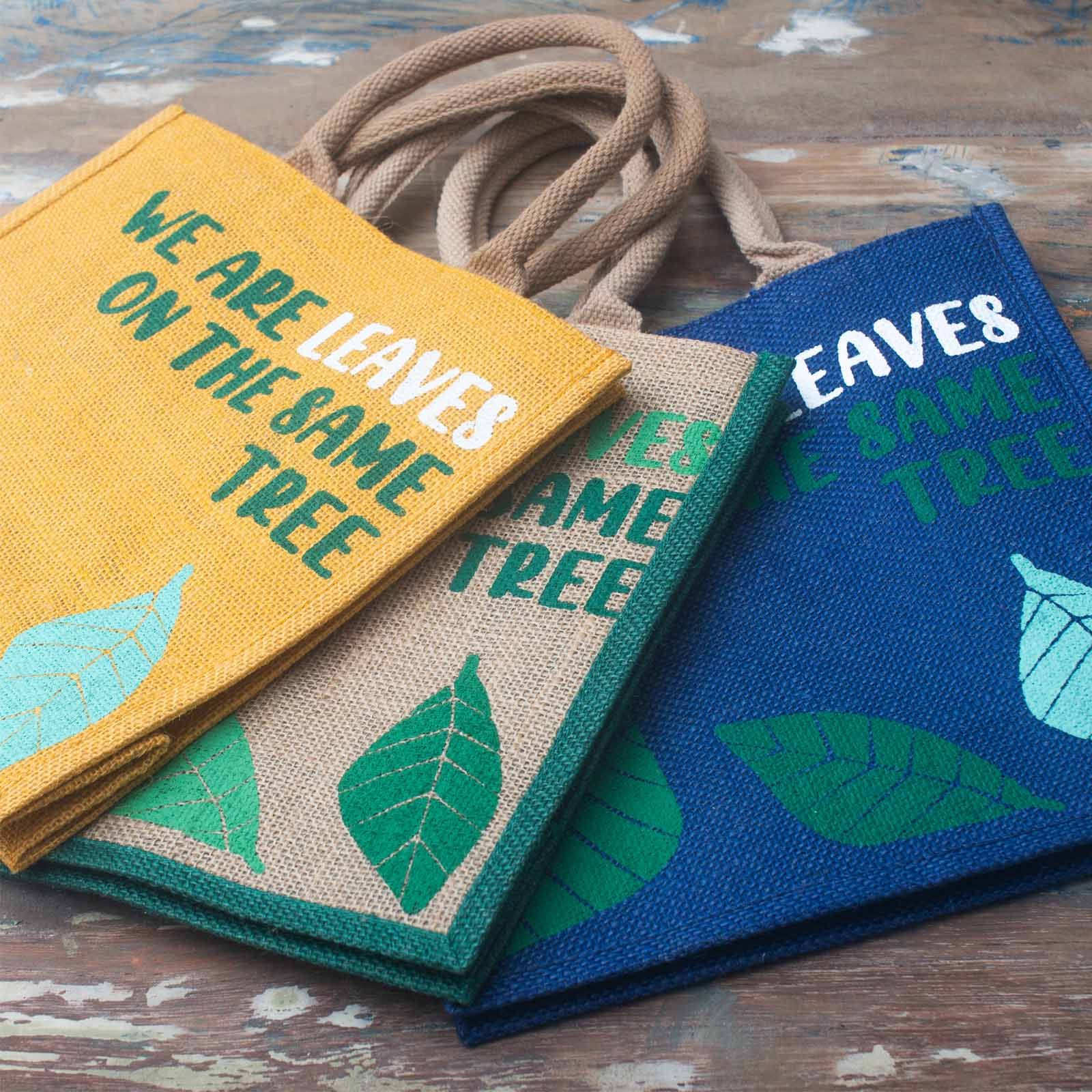 bolsa de yute estampada - Somos hojas - Amarillo, Azul y Natural - Imagen 7