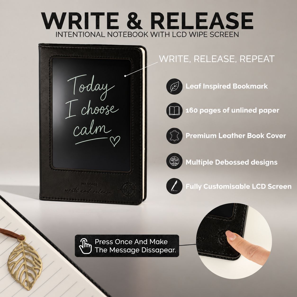 Cuaderno de intenciones tamaño A5 - Pantalla LCD que se limpia - Efecto cuero negro - 80 hojas - Imagen 14