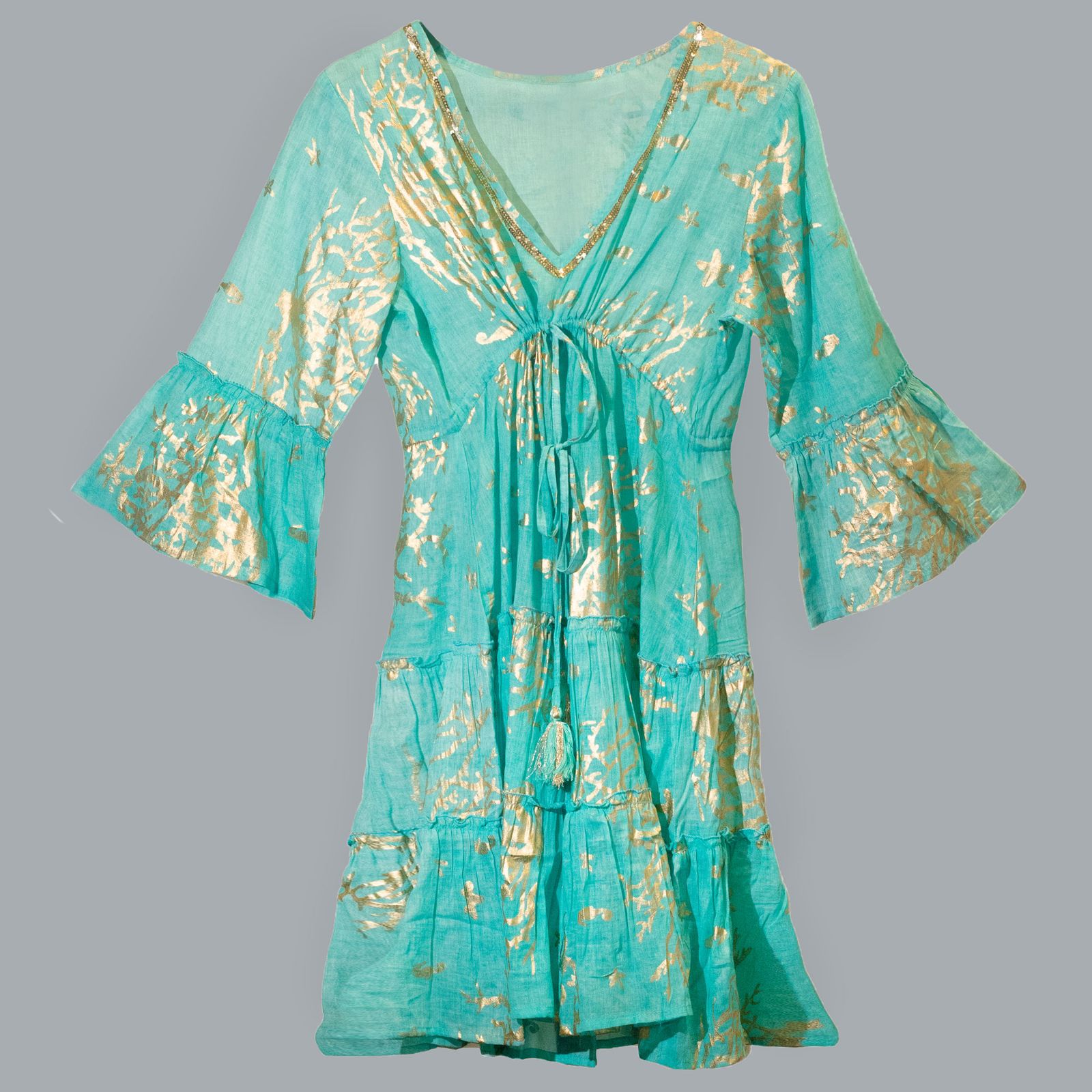Nomad Sari En el Mediterráneo Turquesa y Dorado Estampado de Coral Vestido (M/L) - Imagen 6