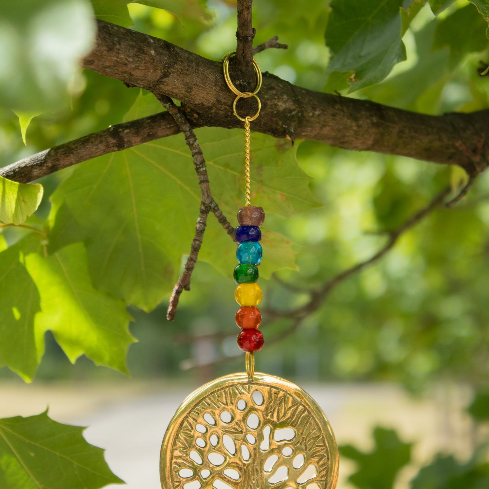Campanas Indias - Árbol de la Vida de Latón con Cuentas de Chakra - 3 Campanas - 6.5x31cm - Imagen 5