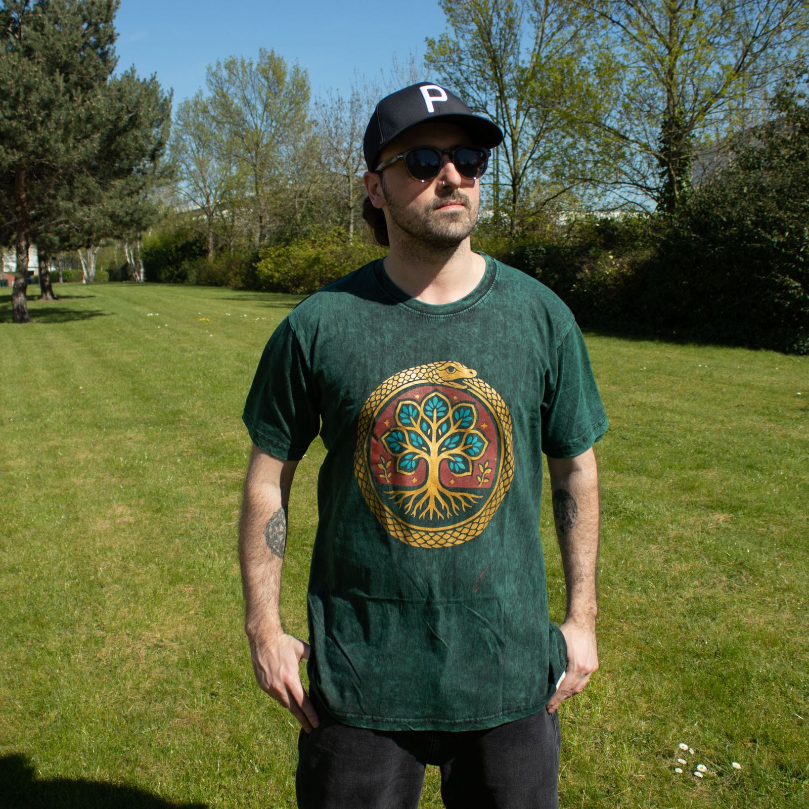 Nomad Sari Camiseta de algodón lavado a piedra - Árbol de la Vida - Verde - Grande - Imagen 2