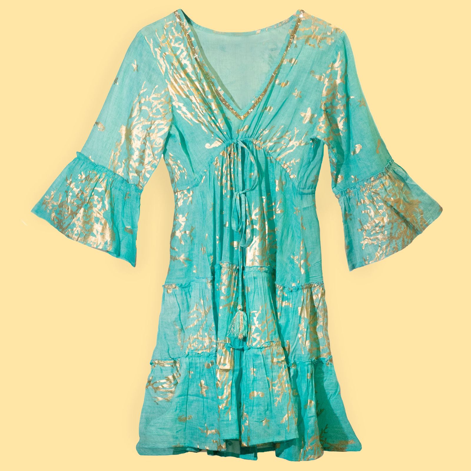 Nomad Sari En el Mediterráneo Turquesa y Dorado Estampado de Coral Vestido (M/L) - Imagen 3