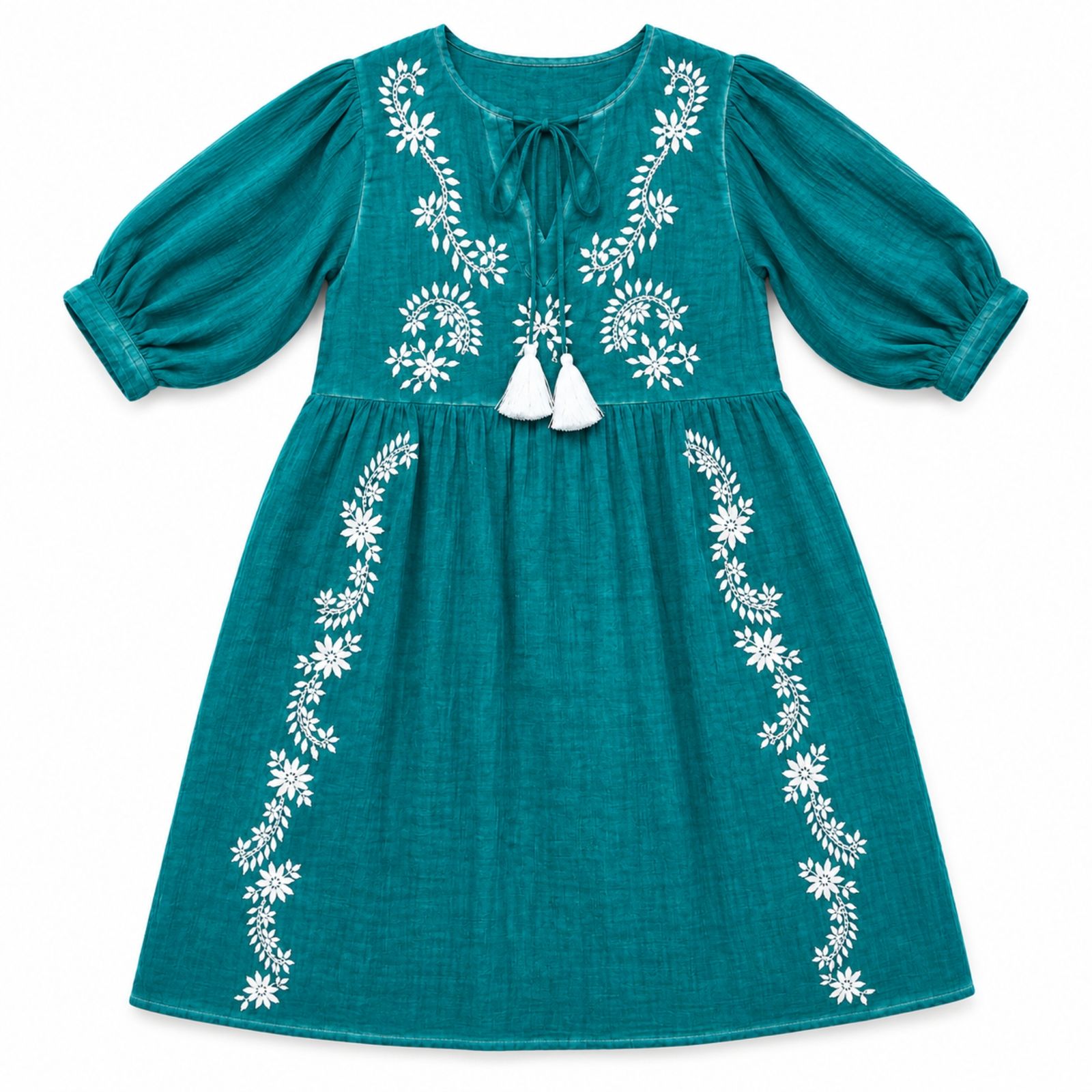 Nomad Sari en la Colección Med - Vestido - Turquesa con Bordado y Borlas (M-L) - Imagen 2