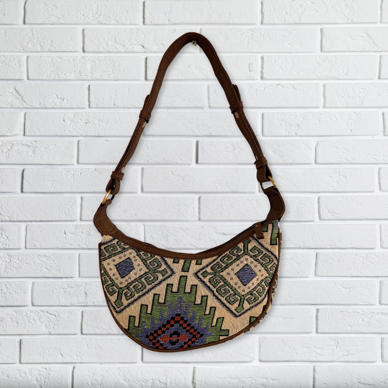 Bolso Hobo de Jacquard - Geo-Verde (correa marrón) - Imagen 3