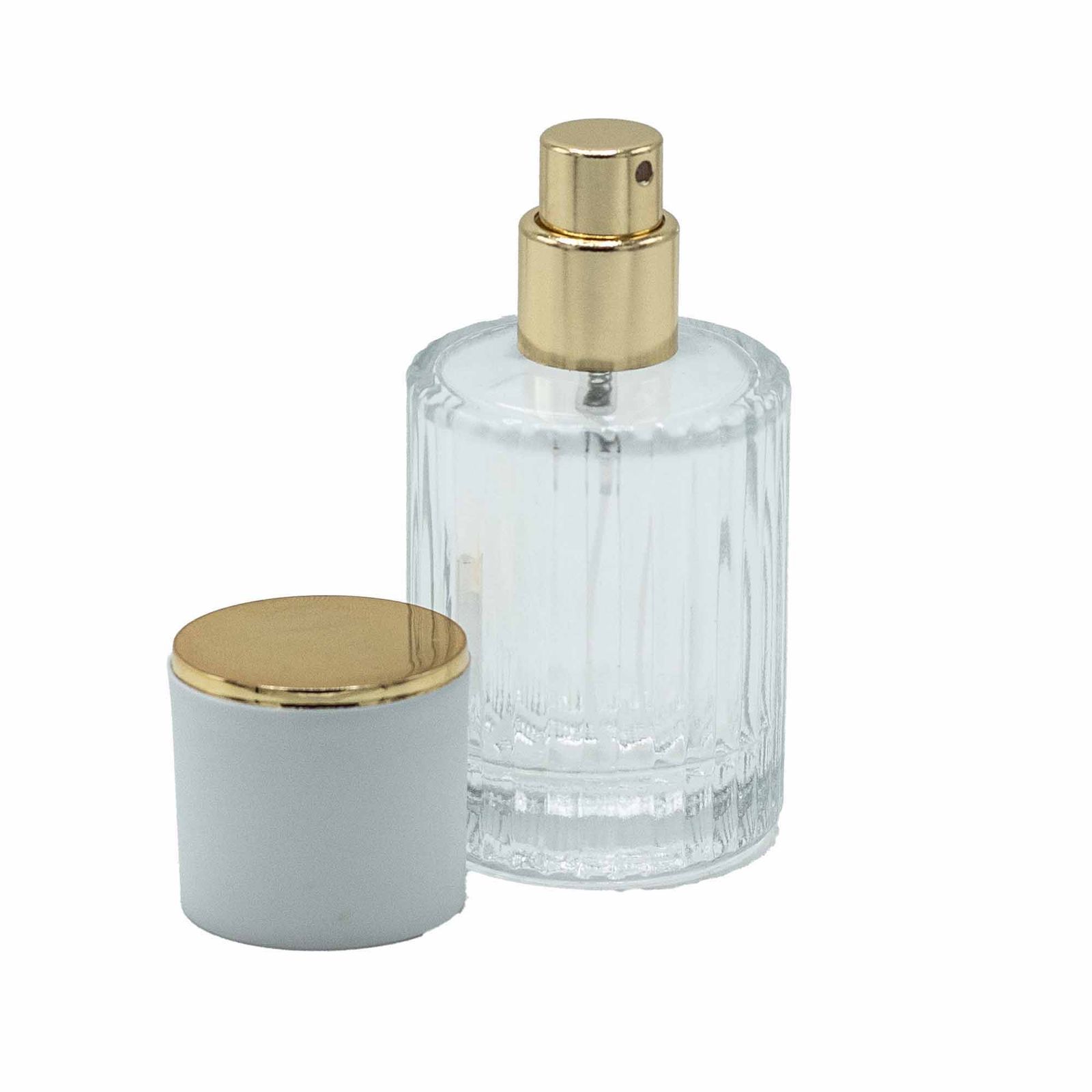 Frasco de vidrio para perfume con pulveridaor y tapa blanca 30 ml