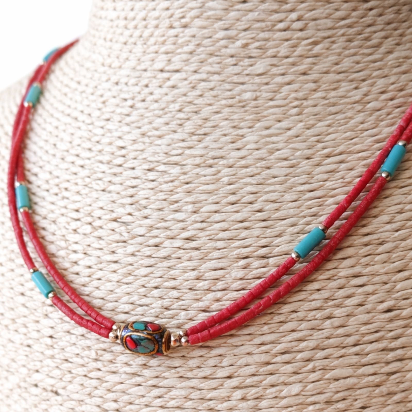 Collar nepalí extrafino de dos líneas - Colgante rosa y turquesa - Imagen 2