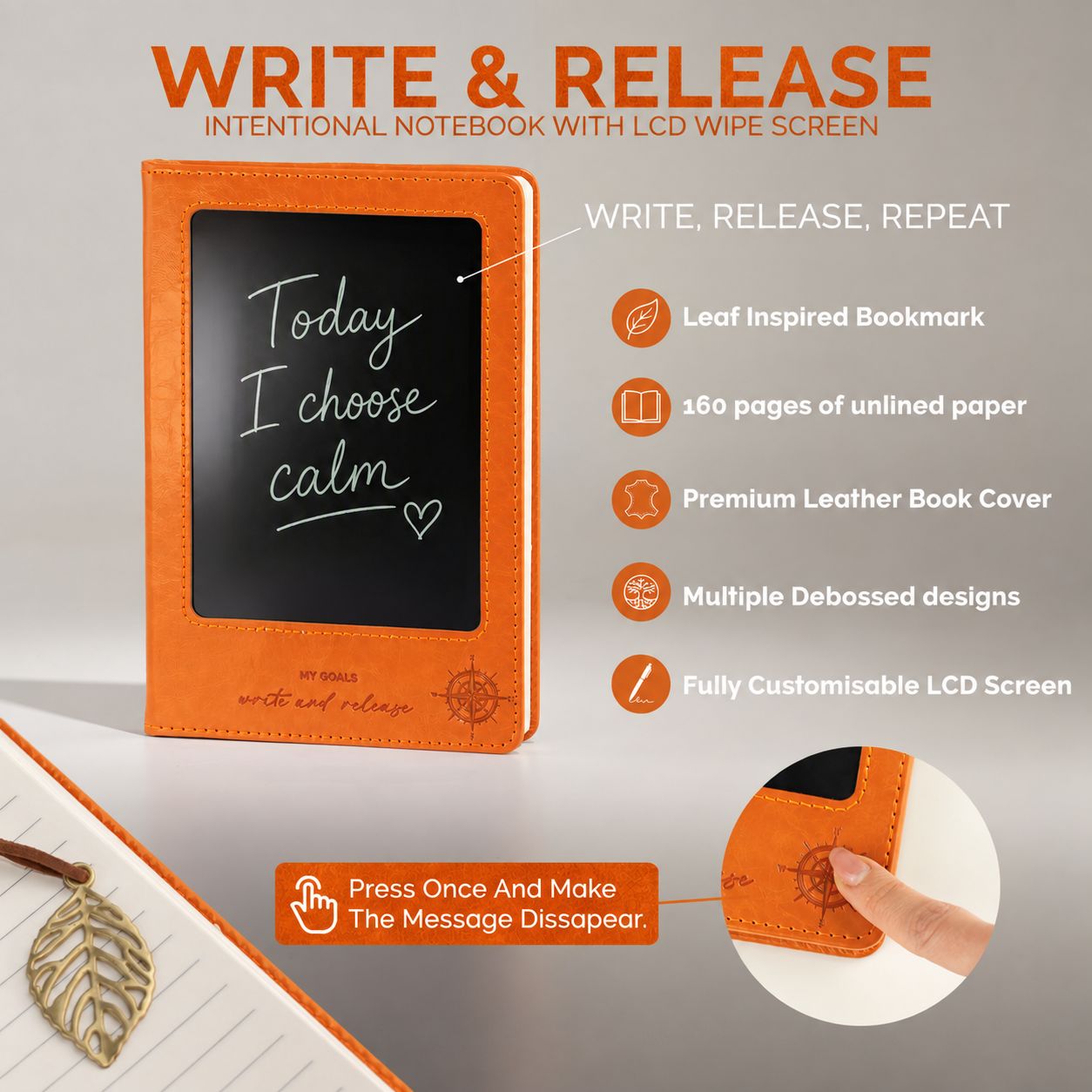 Cuaderno de intenciones A5 - Pantalla LCD borrable - Efecto cuero naranja - 80 hojas - Imagen 14
