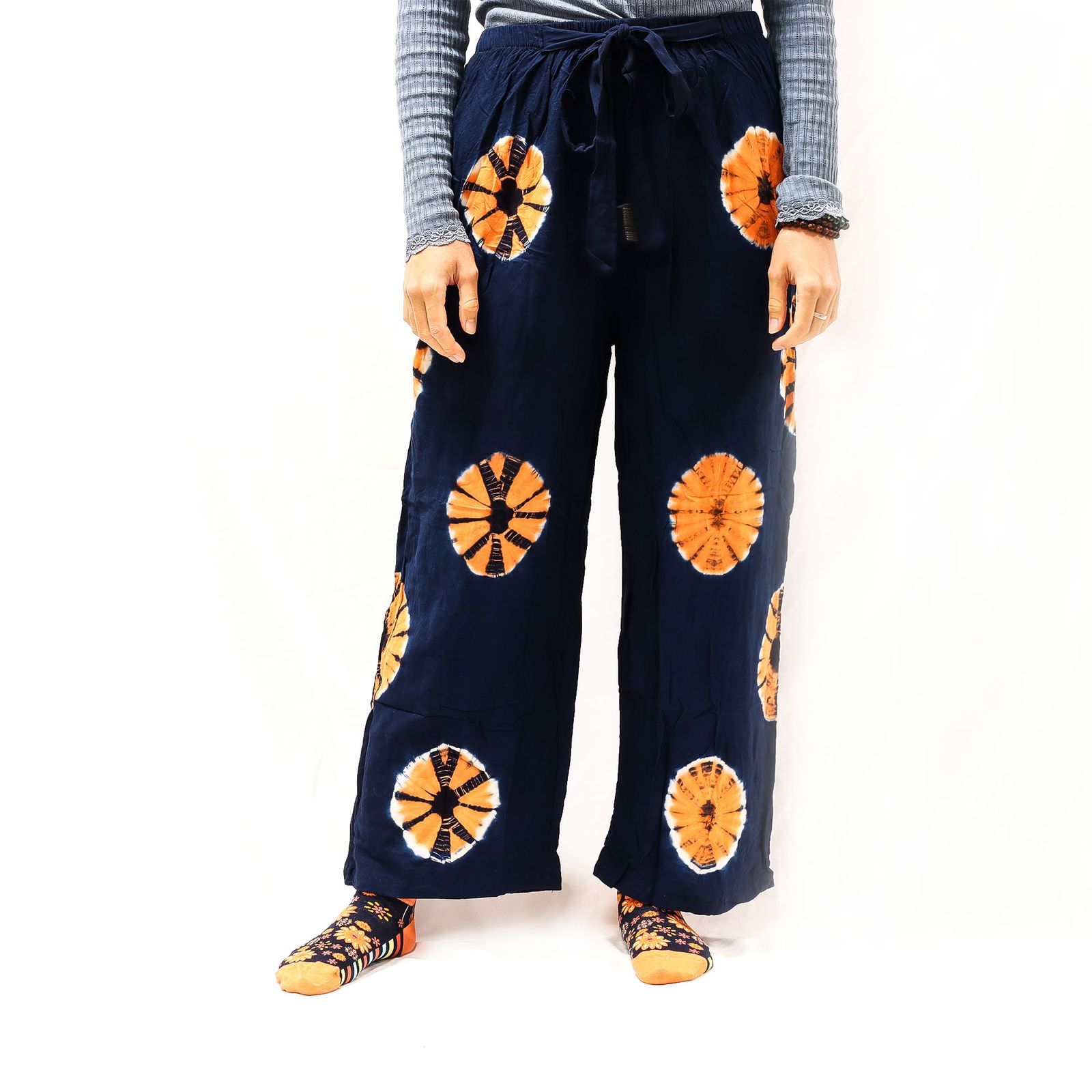 Pantalones de estilo japonés para estar en casa - azul y naranja - M - Imagen 2