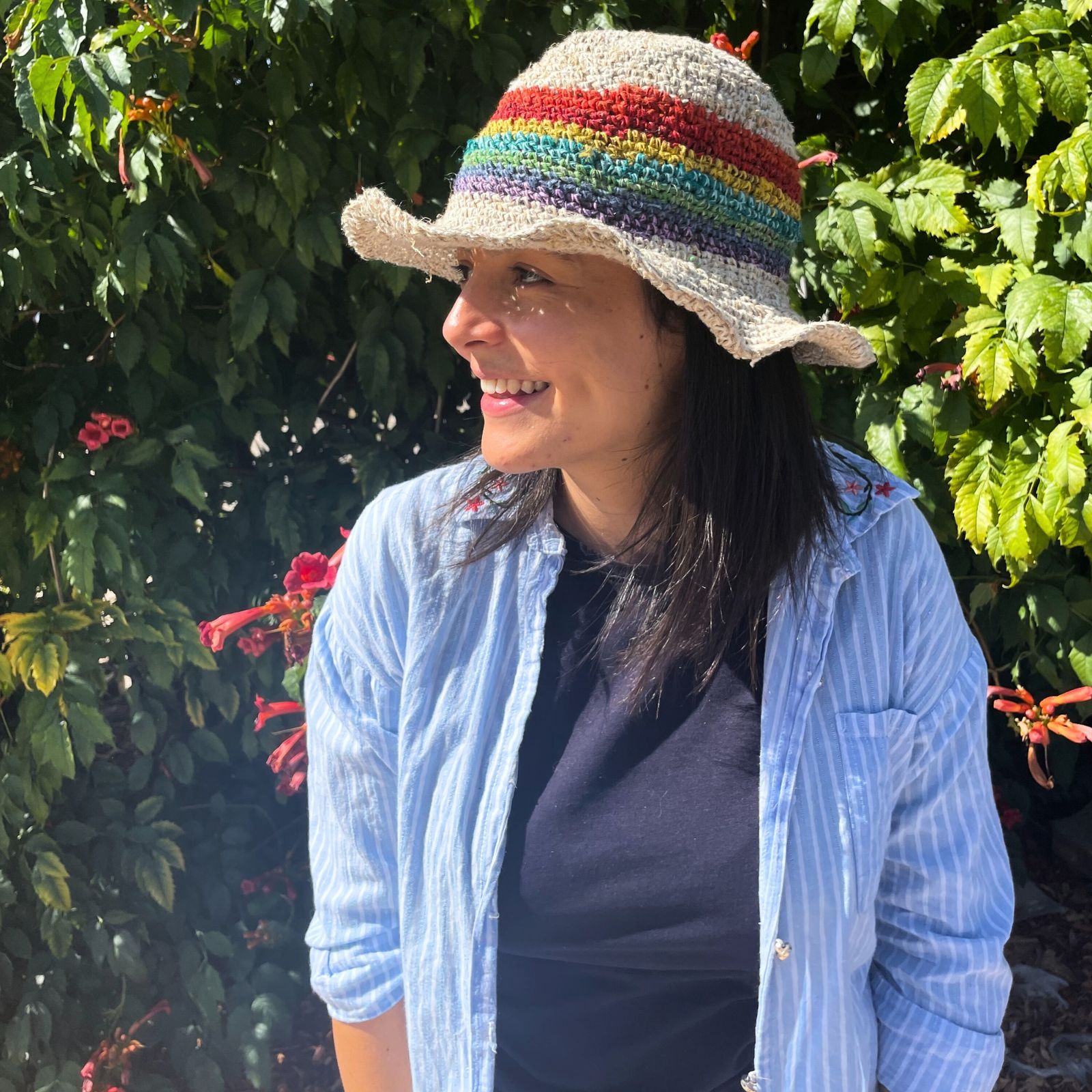 Sombrero de festival boho de cáñamo y algodón tejido a mano - Arco iris - Imagen 2