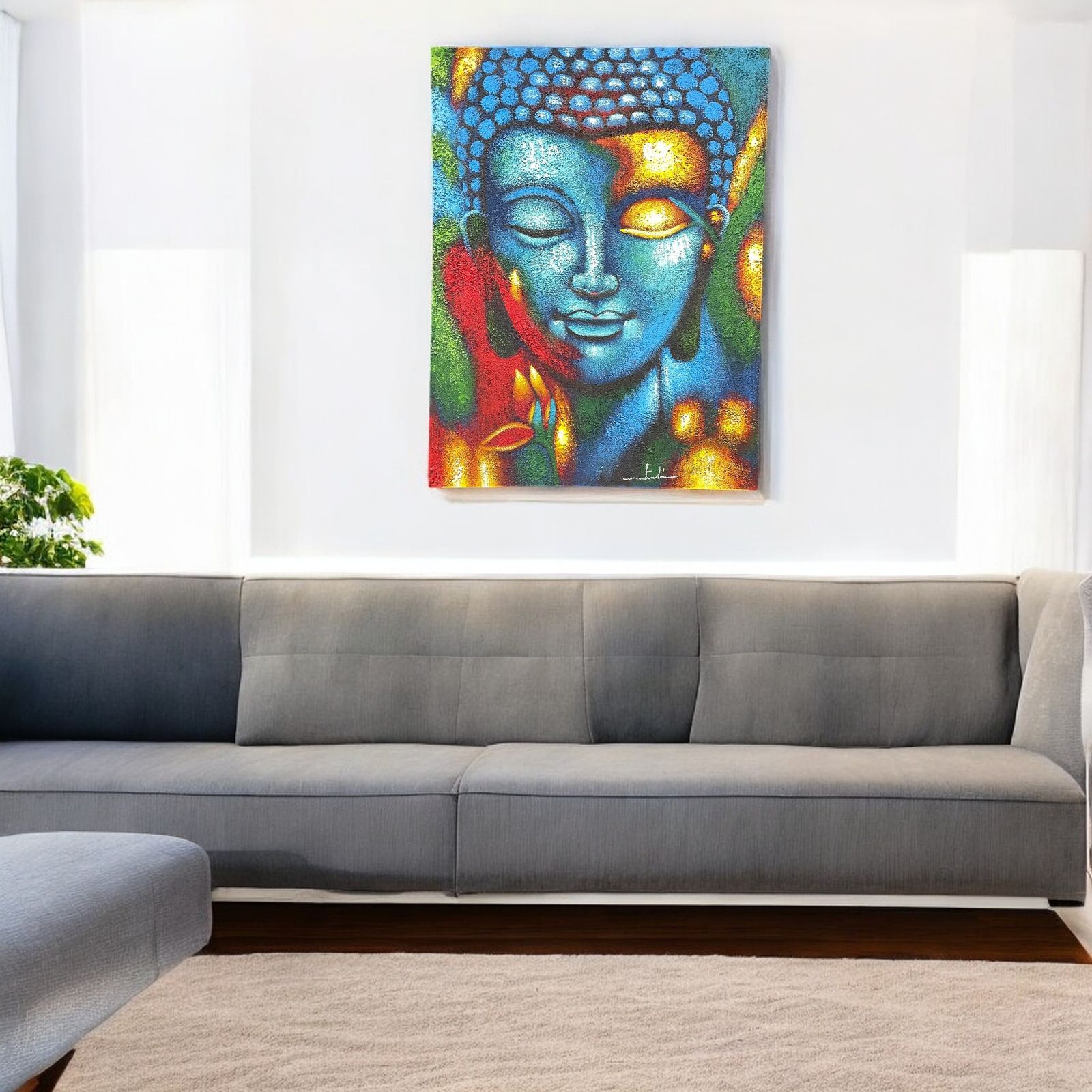 Pintura de Buda - Flor azul y dorada - Imagen 2