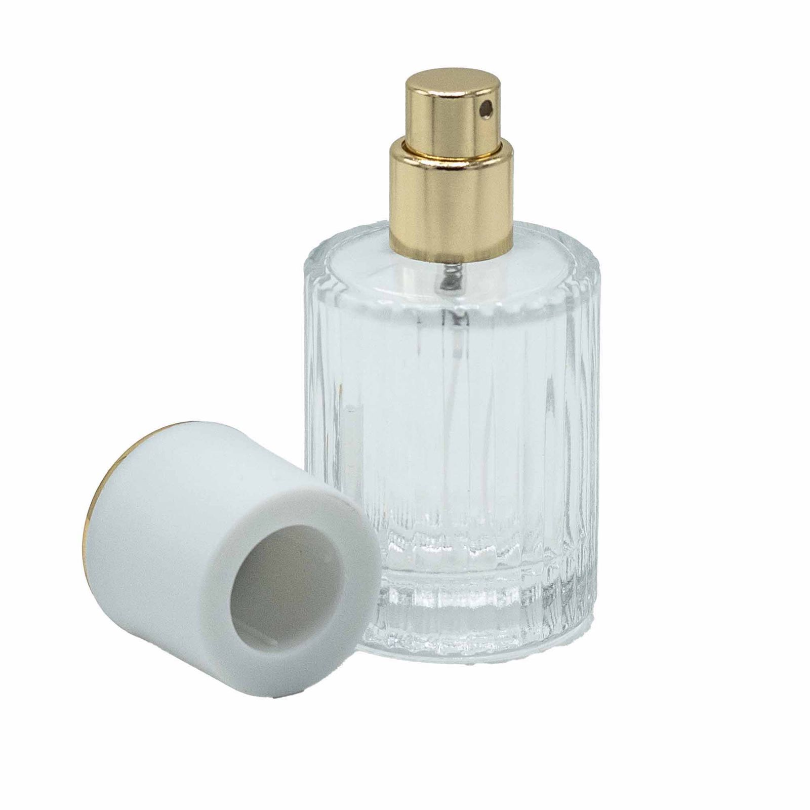 Frasco de vidrio para perfume con pulveridaor y tapa blanca 30 ml - Imagen 2