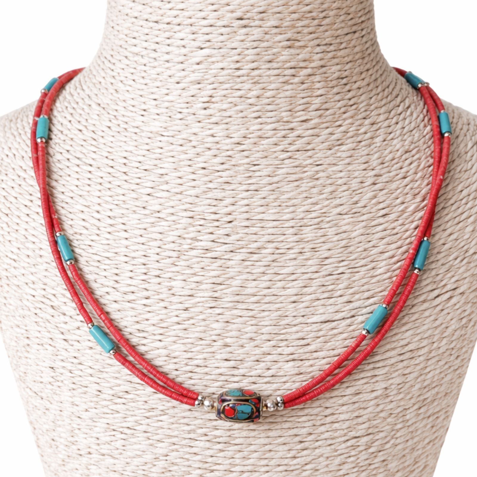 Collar nepalí extrafino de dos líneas - Colgante rosa y turquesa - Imagen 3