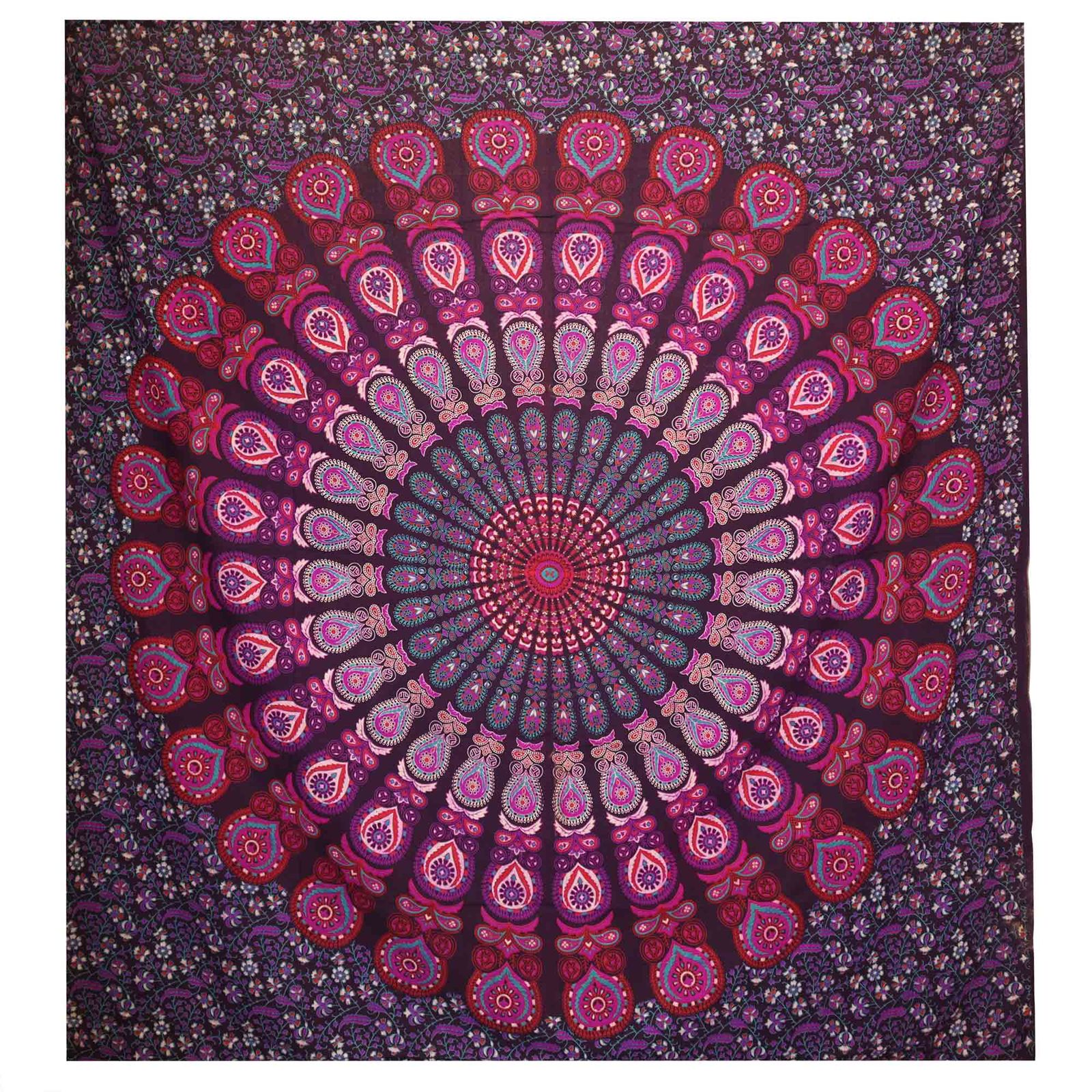 Colcha Doble de Algodón + Colgante de Pared - Pavo Real Mandala - Morado