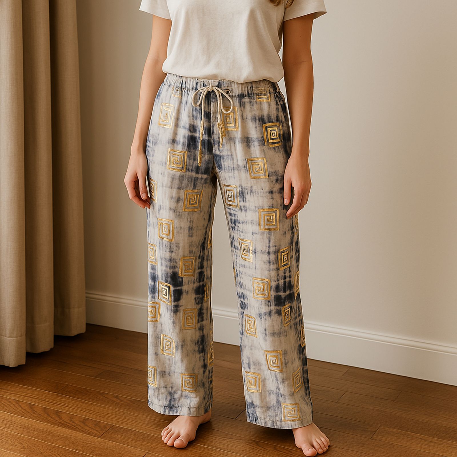 (ML) Colección Nómada Sari Mediterráneo - Pantalones - Motivo Griego en Oro y Azul - Imagen 4