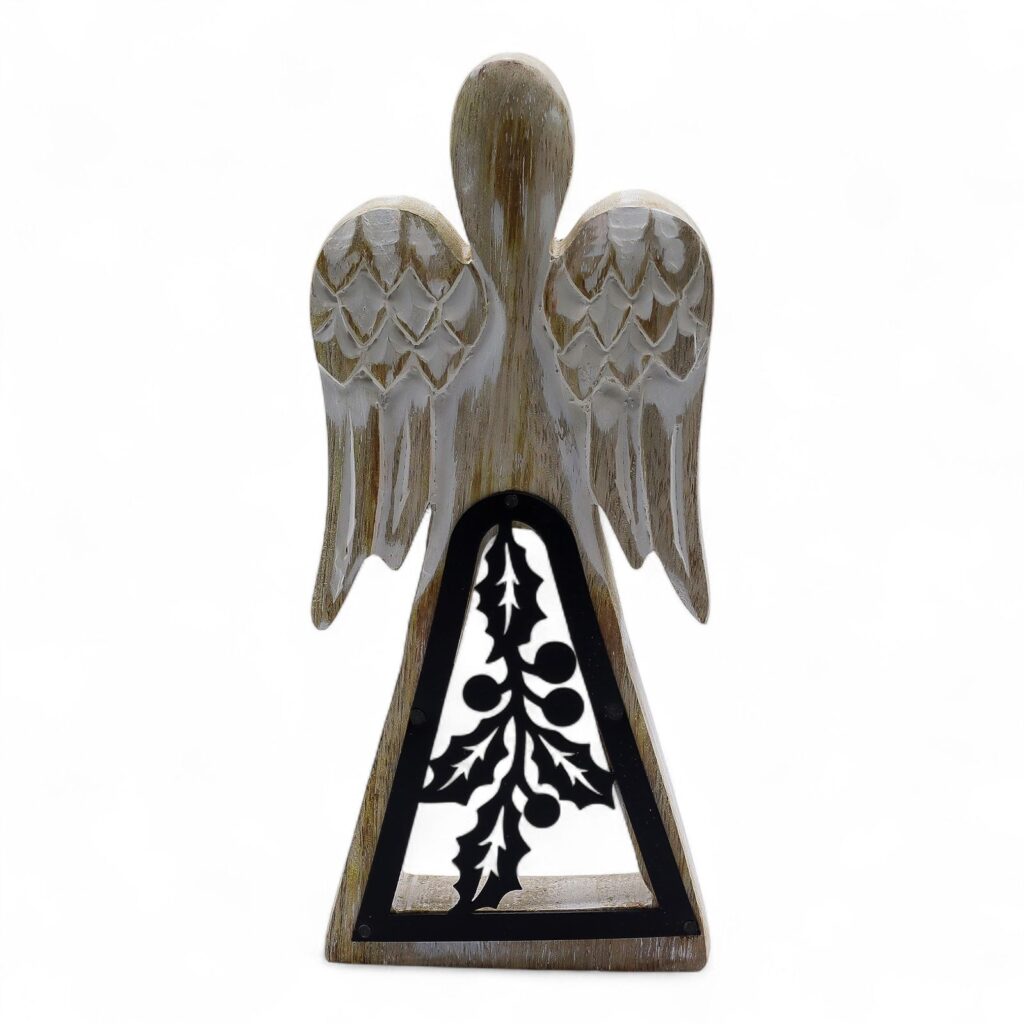 Ángel de madera de mango - acabado lavado blanco con recorte decorativo de hierro