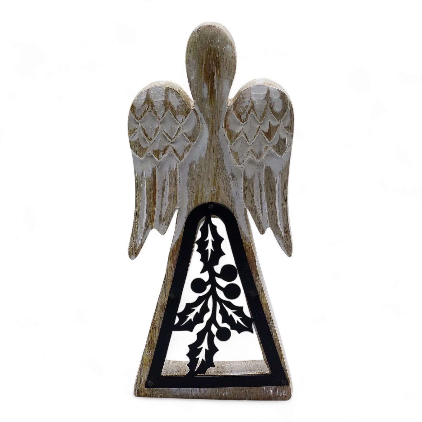 Ángel de madera de mango - acabado lavado blanco con recorte decorativo de hierro